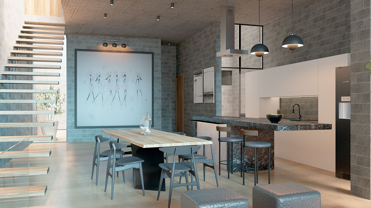 Render de la sala principal de una casa con patrones de ladrillo de color roca gris. El cuarto cuenta con una mesa de comedor de madera y una cocina con una barra de mármol oscuro. Está adornado con una pintura tribal y plantas. La sala también tiene una escalera que lleva al primer piso.